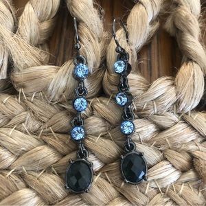 Long Dangle Gunmetal Earrings Blue & Black Crystal Oval Stone Statement Jewelry